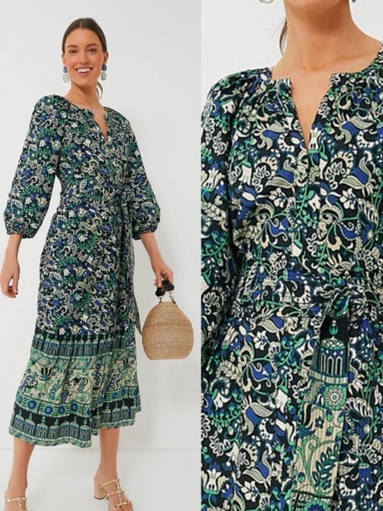 Tuckernuck Dresses & Skirts - Tuckernuck NEW Batik Floral
Lyles Green Blue Puff Sleeve Belted
Midi-Size Small